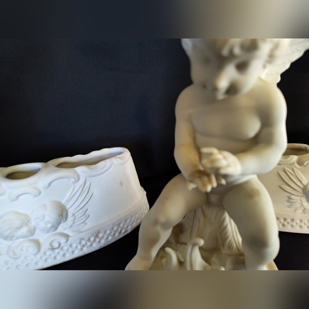 Rare German Bisque Cherub Putti Set w/ Flower Frogs 🖤Holiday Mantle Centerpiece - Picture 6 of 10